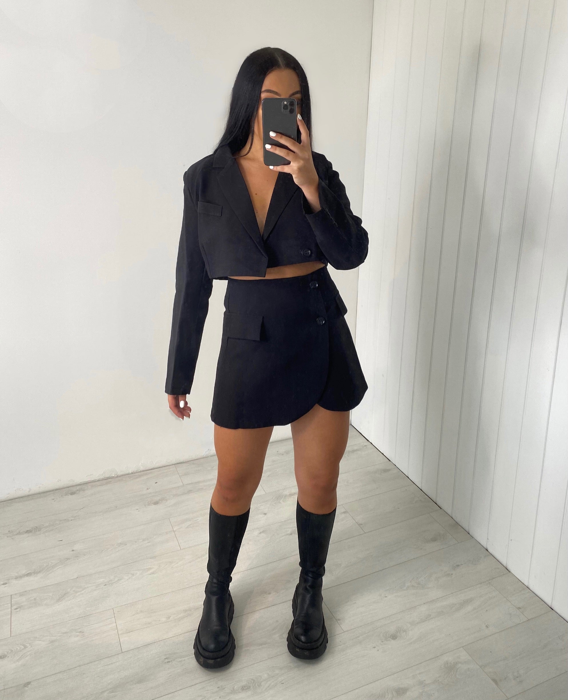 Zakelijke dames set kantoor - Cropped blazer en mini rok zwart voor de zomer