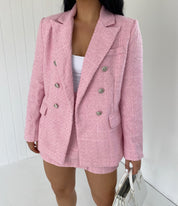 Dames tweed blazer en rok set in roze