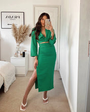 Dames set in groen - Crop top en midi rok met split