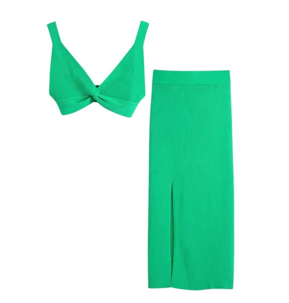 Dames set groen - Bandeau top en midi rok met split