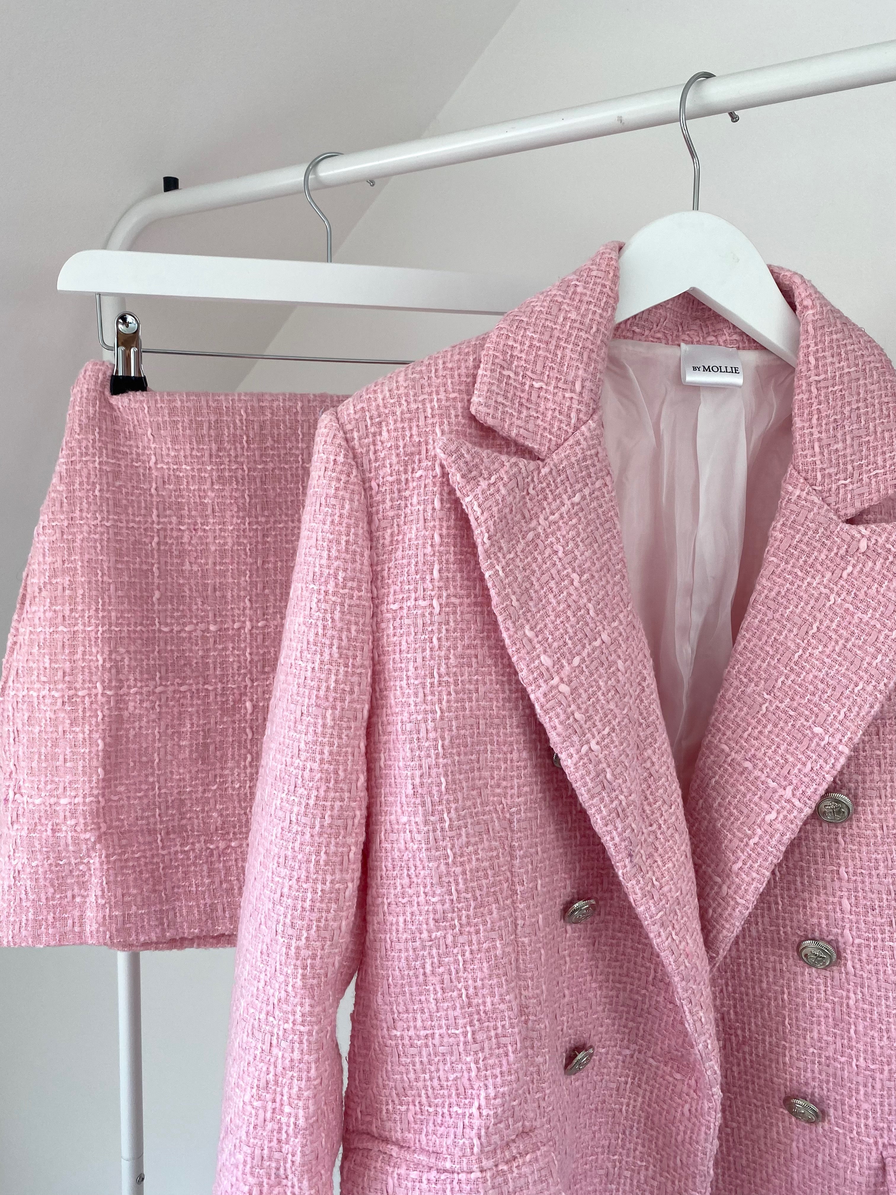 Dames tweed blazer en rok set in roze