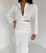 Dames witte crop shirt en midi rok set met split - Zomer set
