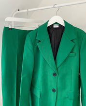 Dames donkergroene blazer en broek set met schoudervulling