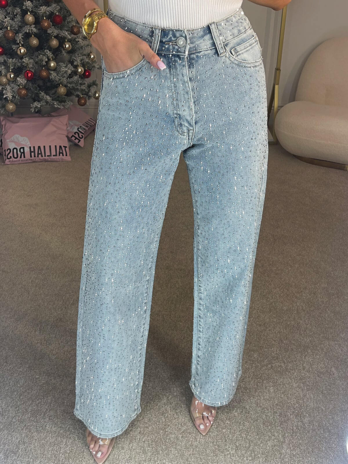 Dames glitter flared jeans | Strass versierde spijkerbroek