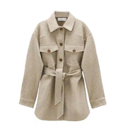 Dames beige shacket jurk met ceintuur - Voor koele avonden in deze zomer