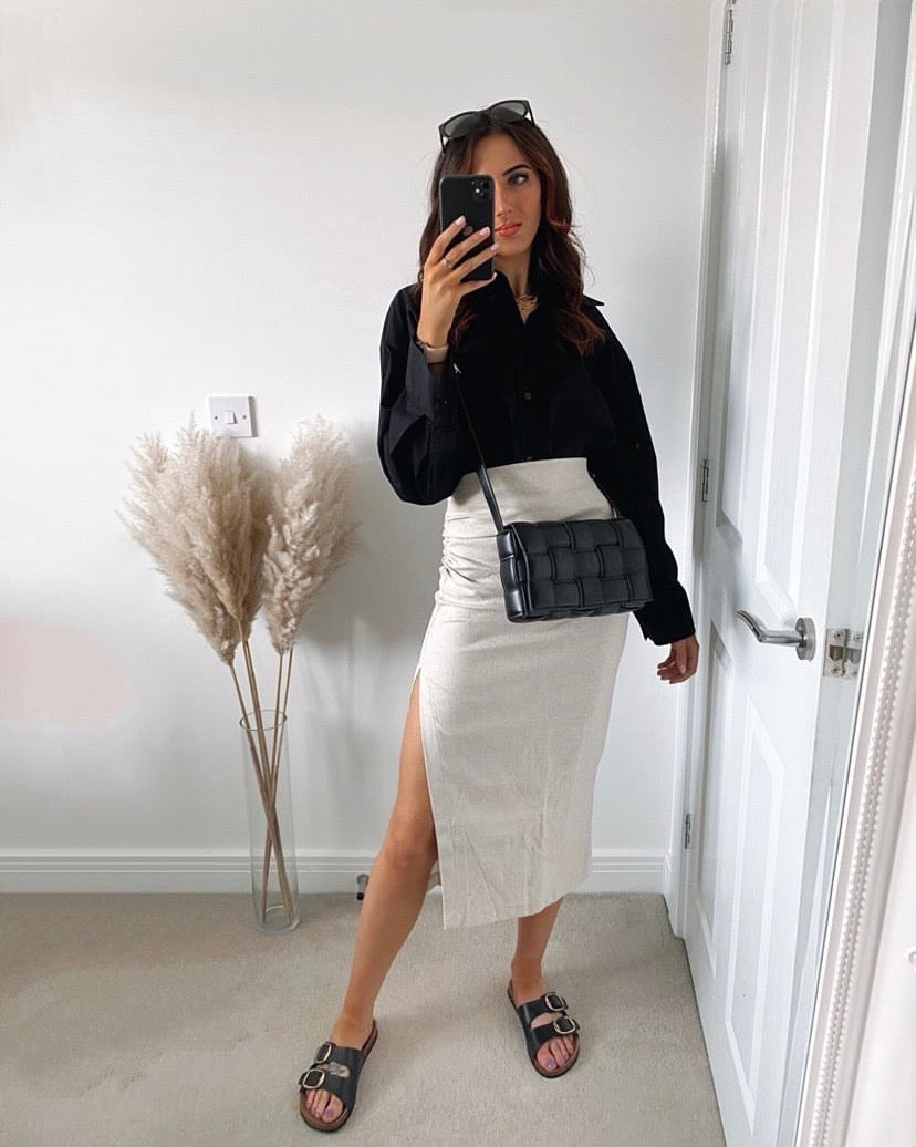 Dames beige crop shirt en midi rok set met split