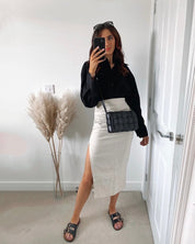 Dames beige crop shirt en midi rok set met split