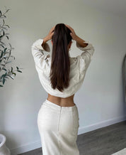 Dames beige crop shirt en midi rok set met split
