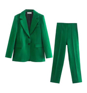 Dames donkergroene blazer en broek set met schoudervulling