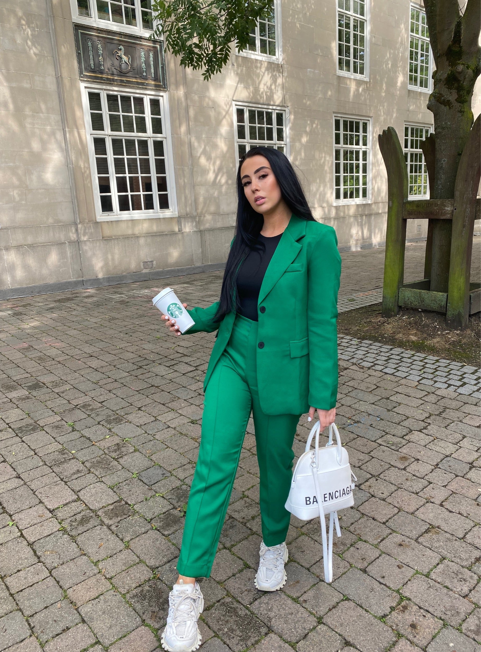 Dames donkergroene blazer en broek set met schoudervulling
