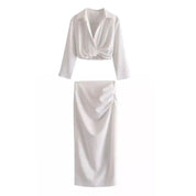 Dames witte crop shirt en midi rok set met split - Zomer set