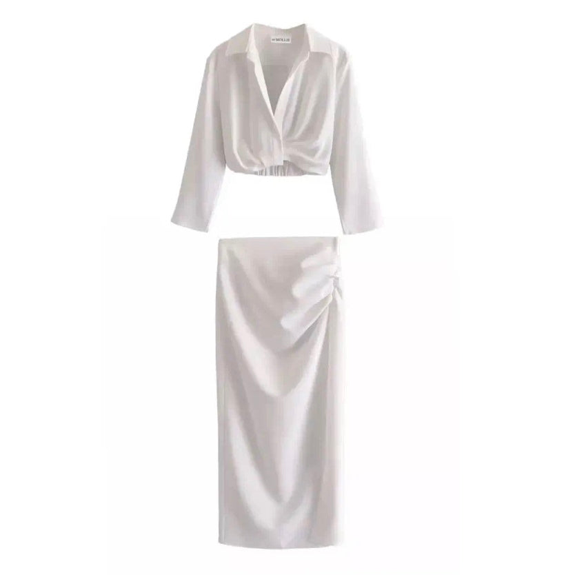 Dames witte crop shirt en midi rok set met split - Zomer set