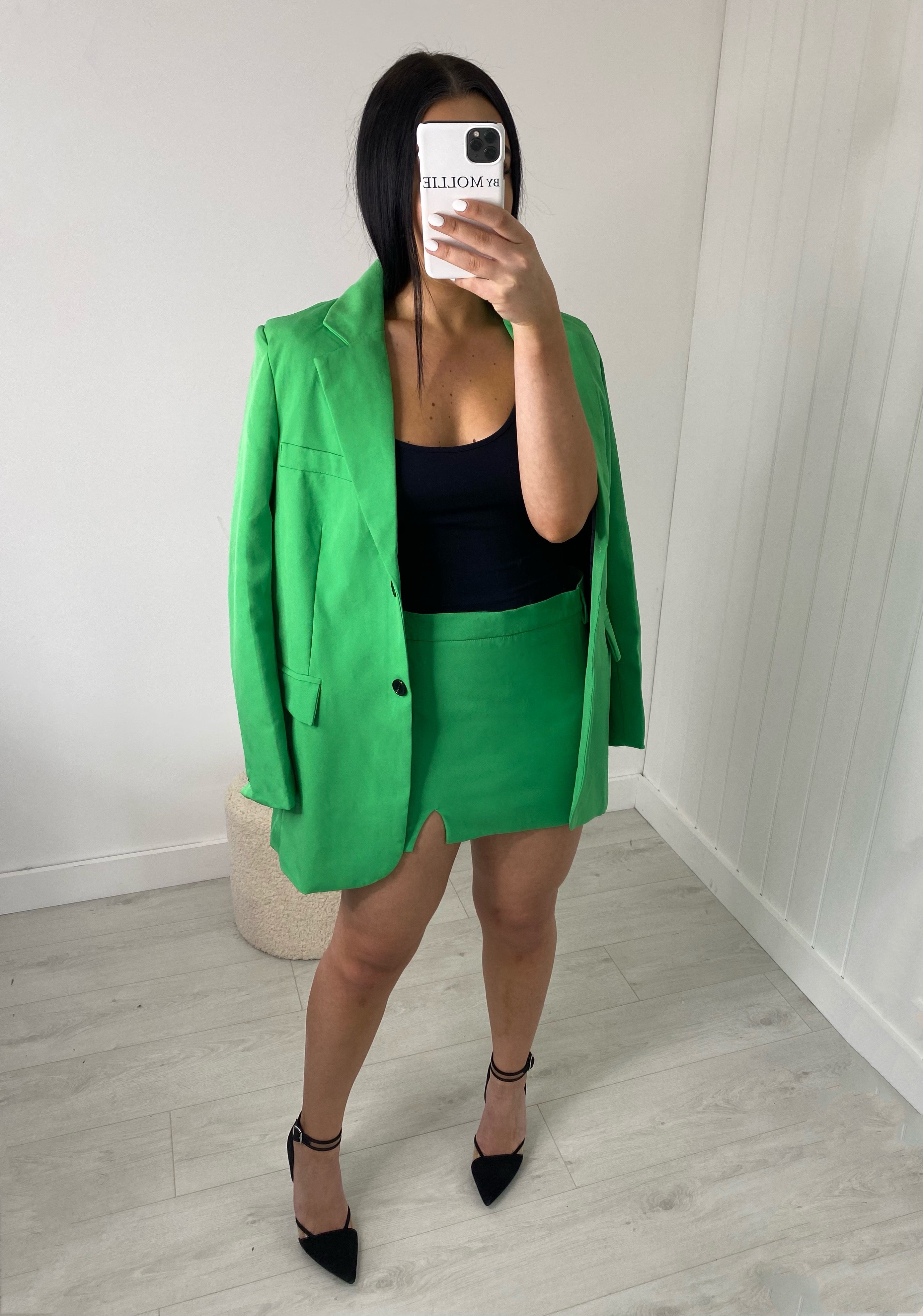 Groene dames set - Blazer en mini rok set oversized met split