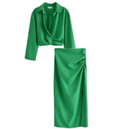 Dames set in groen - Crop top en midi rok met split