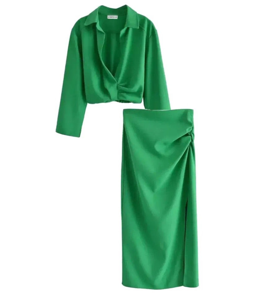 Dames set in groen - Crop top en midi rok met split