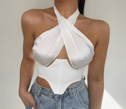 Dames halter corset top van satijn - Feestelijk