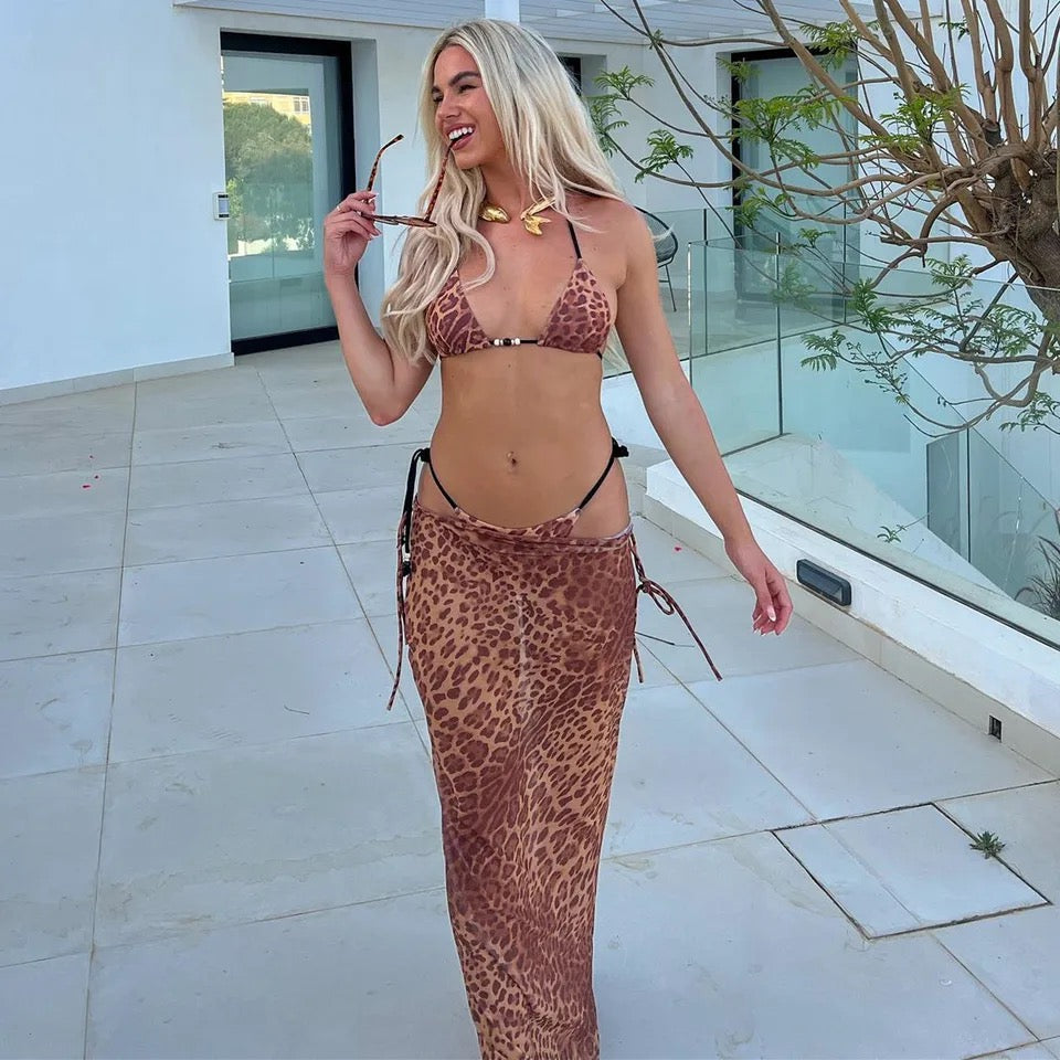 Dames zomerset bruin met leopardprint bikini en lange rok