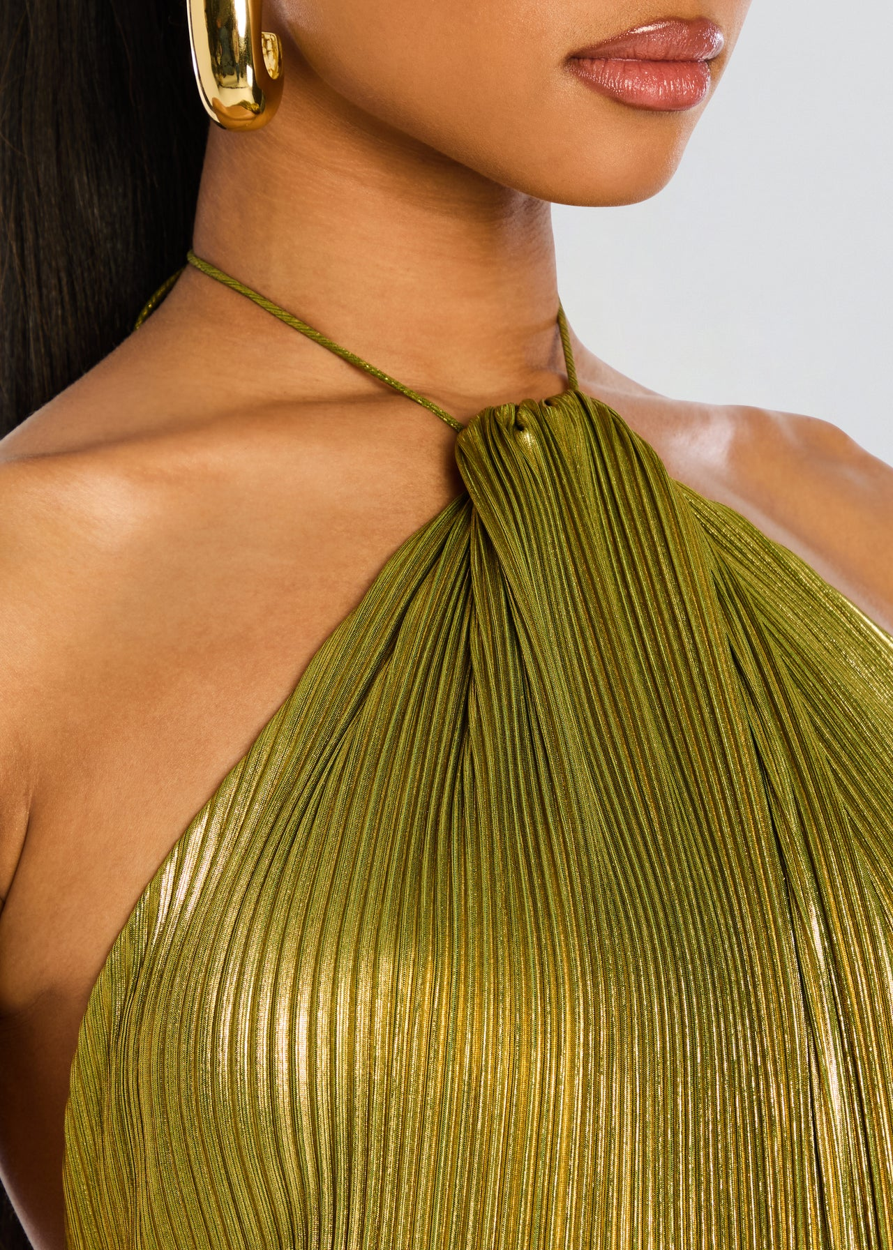 Dames avondjurk lang met elegante halslijn en lange split - Goud groen tint