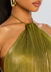 Dames avondjurk lang met elegante halslijn en lange split - Goud groen tint