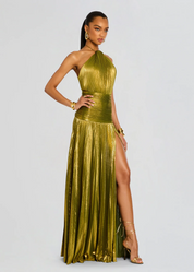 Dames avondjurk lang met elegante halslijn en lange split - Goud groen tint
