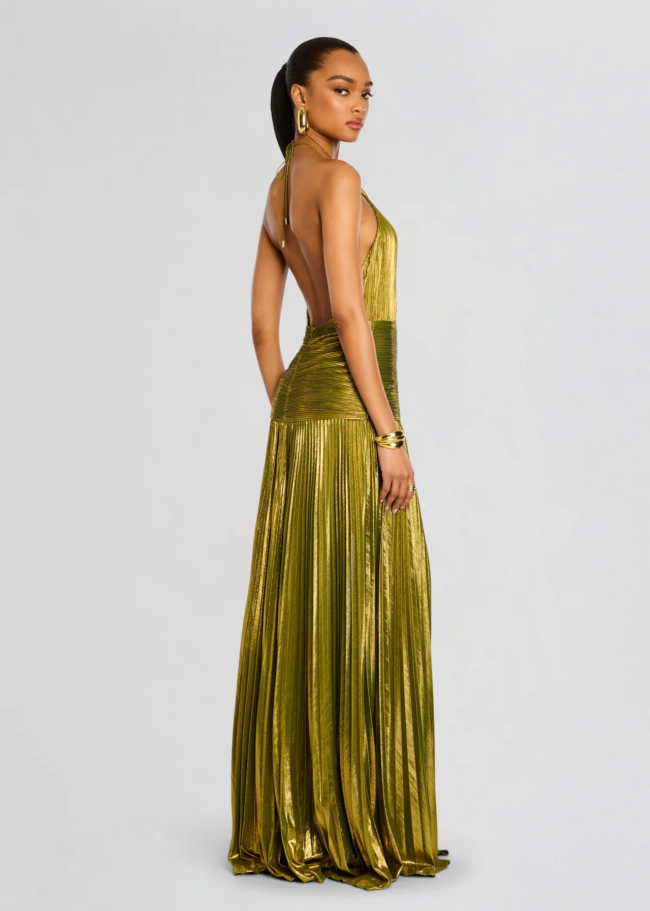 Dames avondjurk lang met elegante halslijn en lange split - Goud groen tint