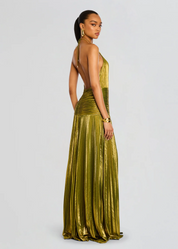 Dames avondjurk lang met elegante halslijn en lange split - Goud groen tint