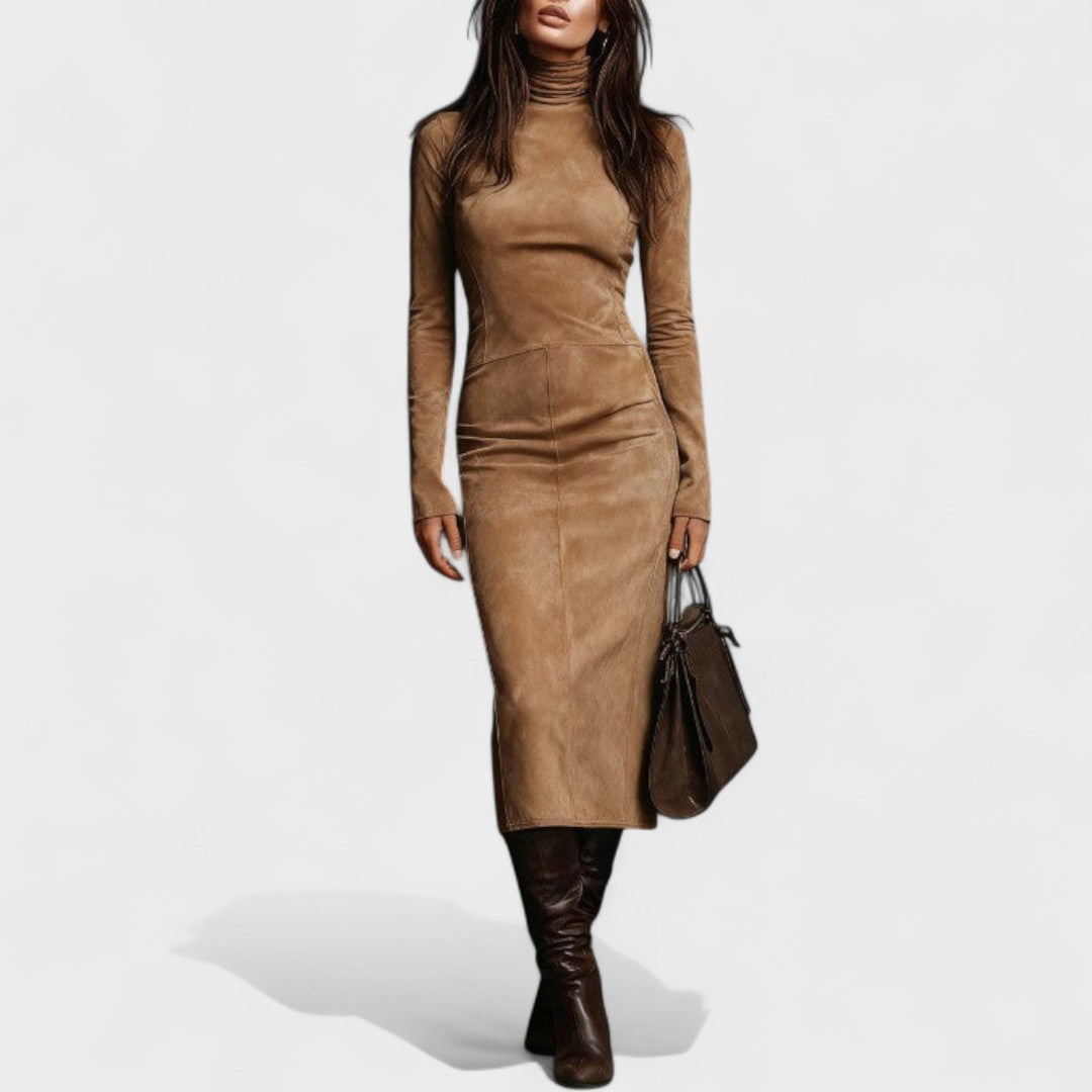 Elegante Coljurk Dames – Slim Fit Winter Jurk met Luxe Suède Look