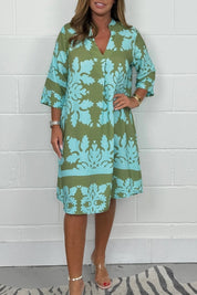 Dames zomerjurk met print - V-hals en lange mouwen