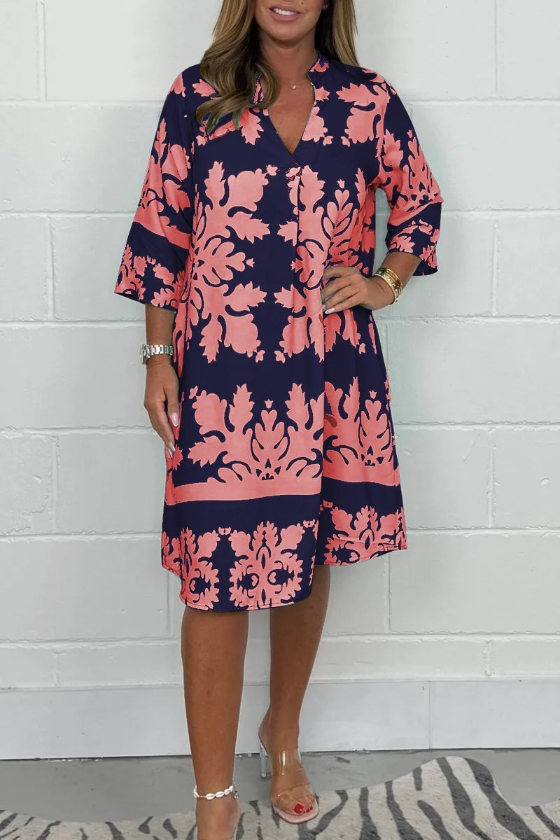 Dames zomerjurk met print - V-hals en lange mouwen