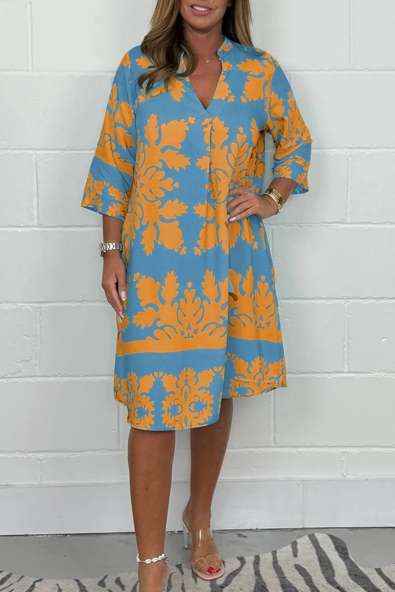 Dames zomerjurk met print - V-hals en lange mouwen