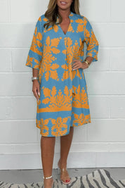Dames zomerjurk met print - V-hals en lange mouwen