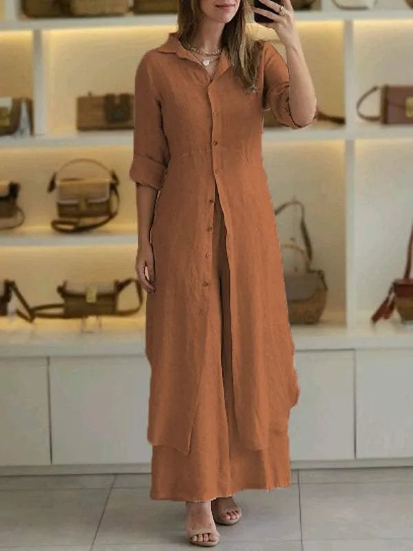 Women's two-piece set with wide pants and fitted top