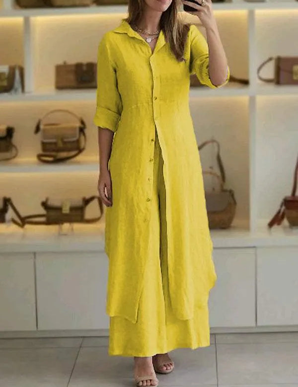 Women's two-piece set with wide pants and fitted top