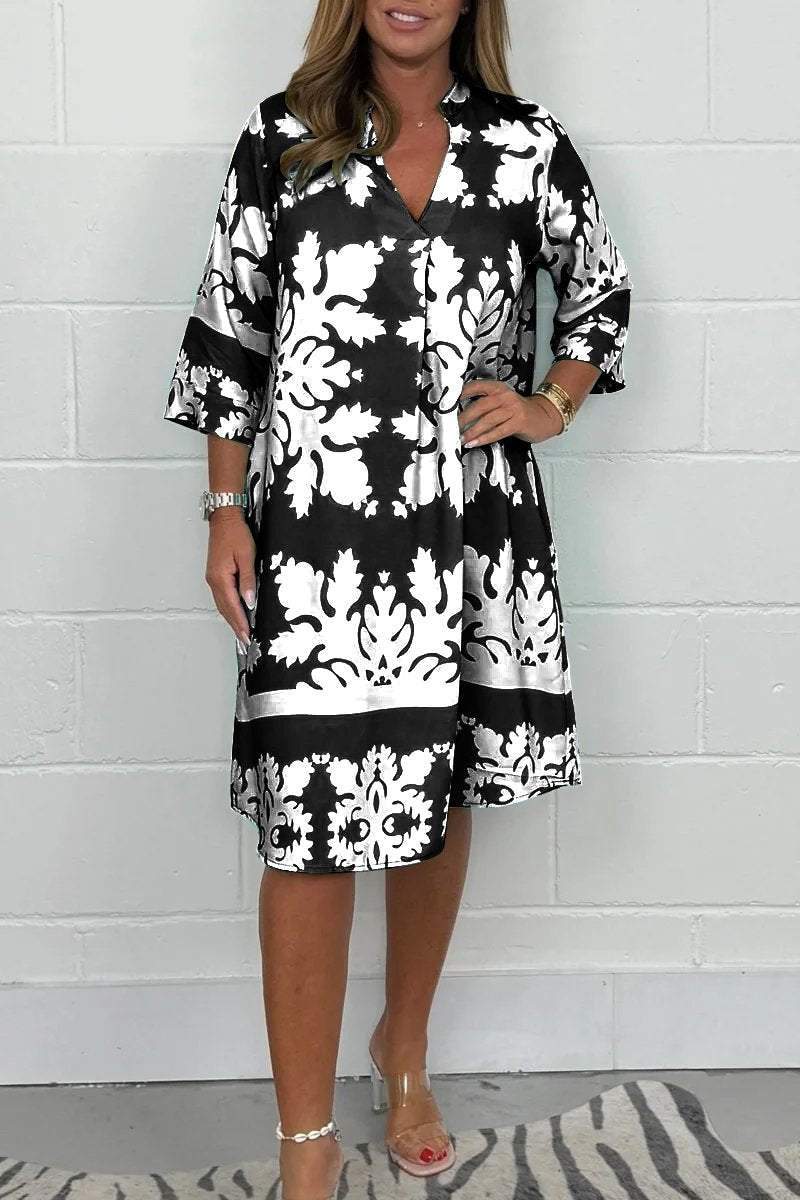 Dames zomerjurk met print - V-hals en lange mouwen