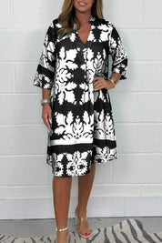 Dames zomerjurk met print - V-hals en lange mouwen