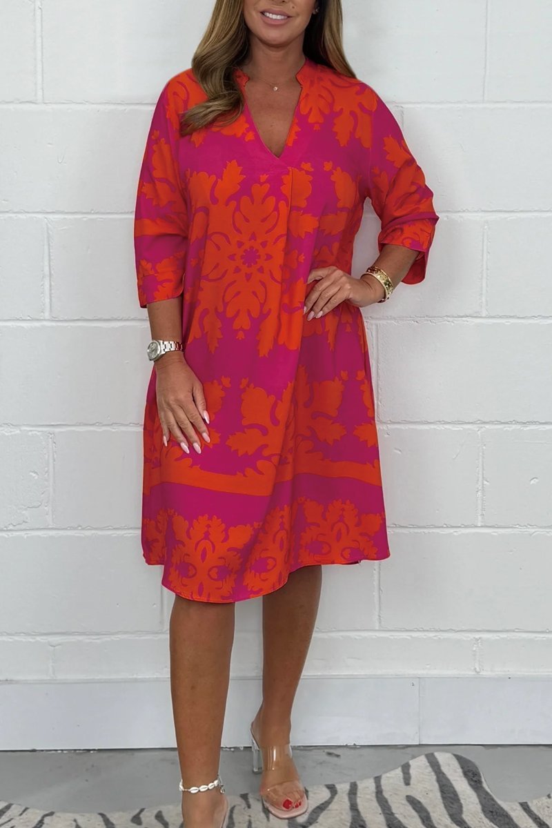 Dames zomerjurk met print - V-hals en lange mouwen