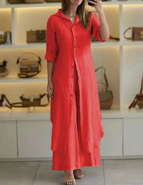 Women's two-piece set with wide pants and fitted top