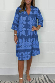 Dames zomerjurk met print - V-hals en lange mouwen
