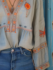 Dames blouse met borduurwerk en V-hals bohemian stijl