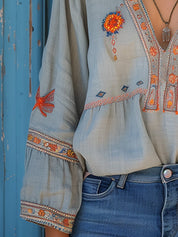Dames blouse met borduurwerk en V-hals bohemian stijl