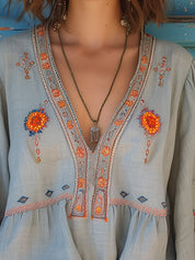 Dames blouse met borduurwerk en V-hals bohemian stijl