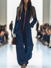 Denim zomer jumpsuit met wijde pijpen - Donkerblauwe spijkerstof
