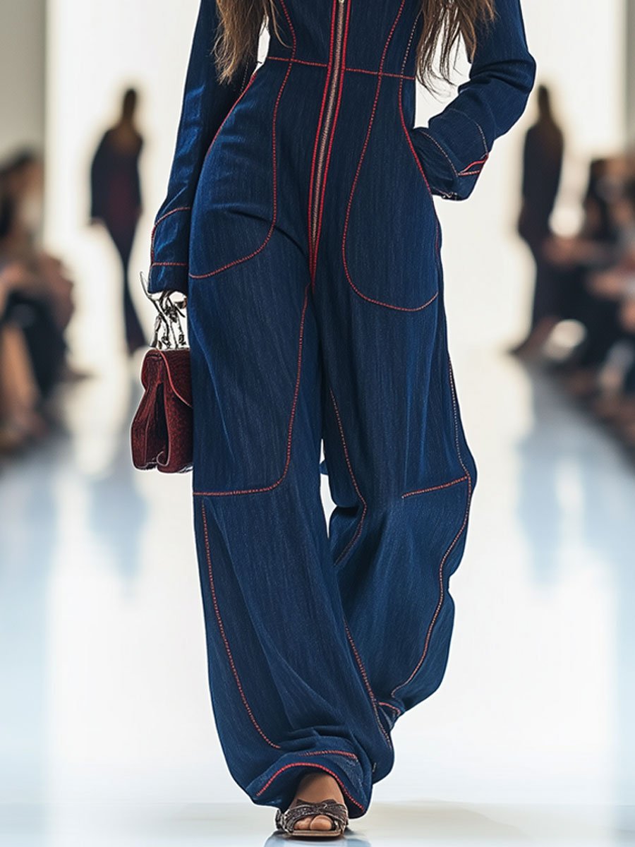 Denim zomer jumpsuit met wijde pijpen - Donkerblauwe spijkerstof