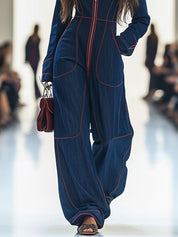 Denim zomer jumpsuit met wijde pijpen - Donkerblauwe spijkerstof
