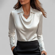 Women's satin blouse with draped neckline