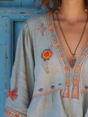 Dames blouse met borduurwerk en V-hals bohemian stijl