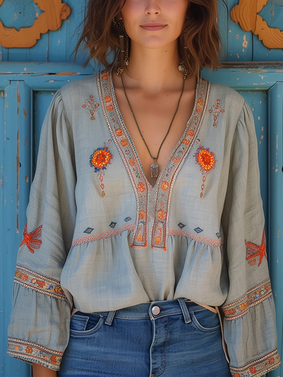 Dames blouse met borduurwerk en V-hals bohemian stijl