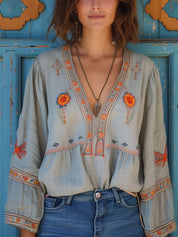 Dames blouse met borduurwerk en V-hals bohemian stijl