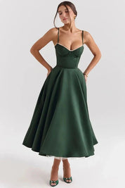 Satijnen Corset Midi Jurk met Tule Rok