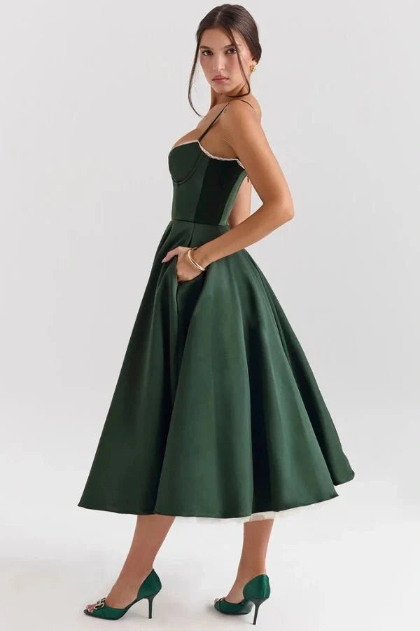 Satijnen Corset Midi Jurk met Tule Rok